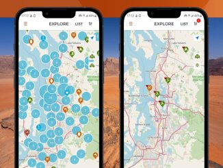 screenshots of iOverlander 2 app for free campsites and boondocking spots.